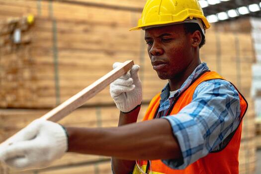 african worker carpenter wearing safety uniform and hard hat working and checking the quality of wooden products at workshop manufacturing man and woman workers wood in dark warehouse industry free photo